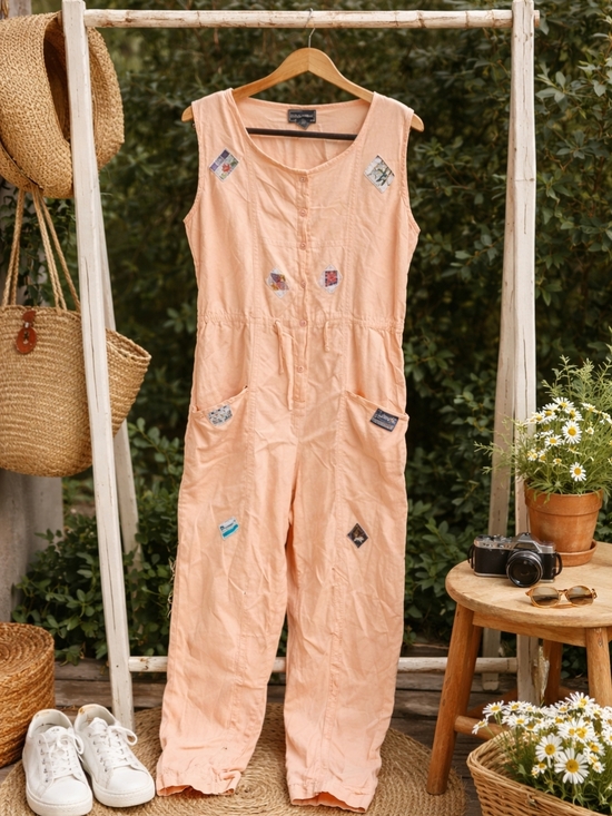 Vintage Pants - Vtg 80s Peach Cotton Oversized Festival Jumpsuit w/ Appliqué Patches – Size M
